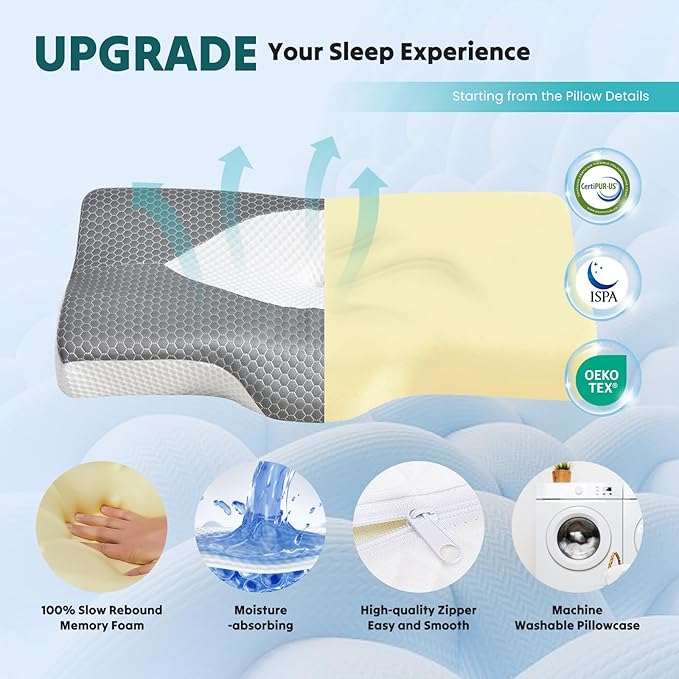 NEWBULIG Cervical Neck Pillow - Ergonomic Memory Foam Pillow for Neck Pain Relief, Contour Orthopedic Bed Pillow for Side, Back & Stomach Sleepers with Neck Support, Queen Size, Grey