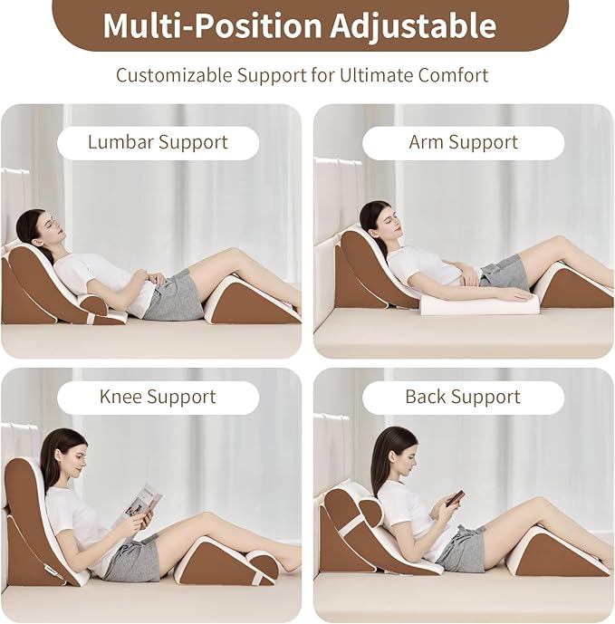 4PCS Orthopedic Bed Wedge Pillow Set for Post Surgery&Pain Relief,Adjustable Wedge Pillow for Back,Acid Reflux,Sitting up in Bed,Recovery,Snoring,Body Pillow for Sleeping (White/Dark Brown)