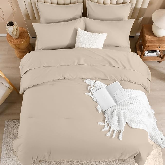 Litanika Comforter King Size Set Khaki - 7 Pieces Bed in a Bag King Bedding Comforter Sets, Plain Lightweight Bed Set with Comforter, Sheets, Pillowcases & Shams