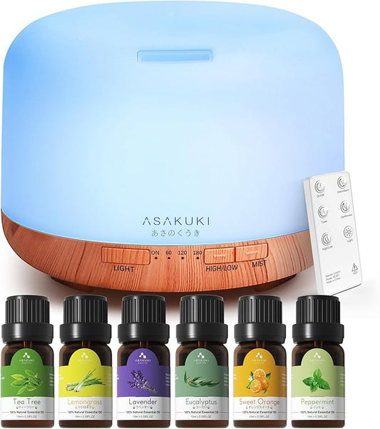 ASAKUKI Oil Diffuser with Essential Oils Set, 500ml Aromatherapy Humidifier with 14 LED Colors & Auto Shut-Off - 6 Oil Gift for Mom (Lavender Eucalyptus Tea Tree Orange Peppermint Lemongrass)