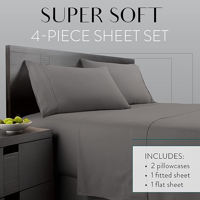 Danjor Linens Bed Sheet Set Twin XL for College Dorm Room, Back to School Items, Sheets with 2 Pillowcases, Lightweight Brushed Microfiber Deep Pockets, 4 Piece Bedding Sets, Gray