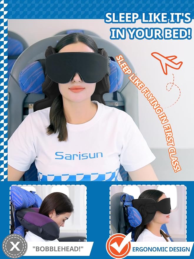 SARISUN Travel Pillows for Airplanes, Airplane Pillow with Sleep Eye Mask, 360° Support Headrest, Travel Essentials, Adjustable Airplane Head Strap for with/Out Headrest Seat, Mottled Blue