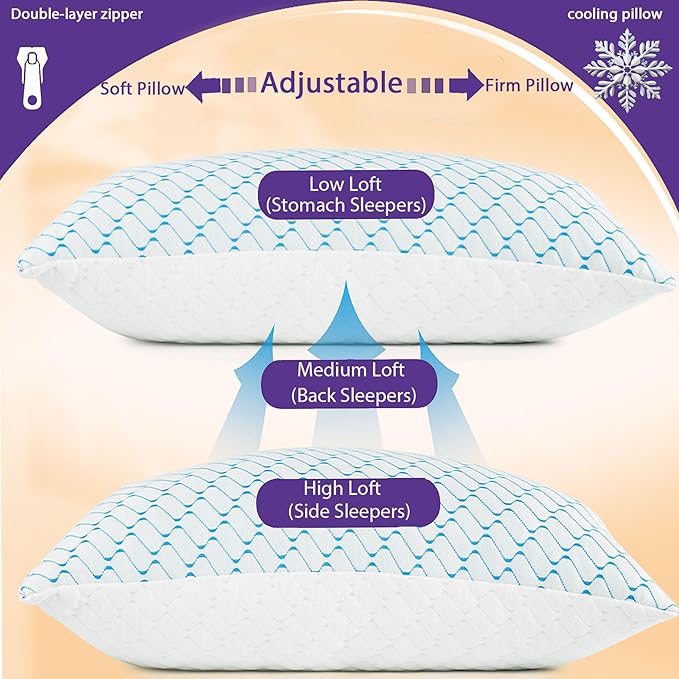 VAINOC Memory Foam Pillows Queen Size Set of 2, Adjustable Cooling Pillow for Side Back Stomach Sleepers with Washable Removable Cover