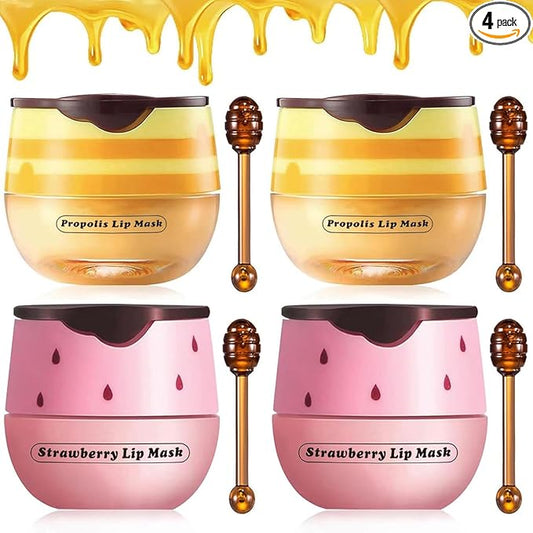 4PCS Strawberry & Bee Lip Balm Honey Pot, Vitamin E & Moisturizing Propolis Sleeping Lip Mask, Effective Reduces Lip Lines Prevention Dry and Cracked Scrubs Exfoliator Smoothing Dry Lip Care