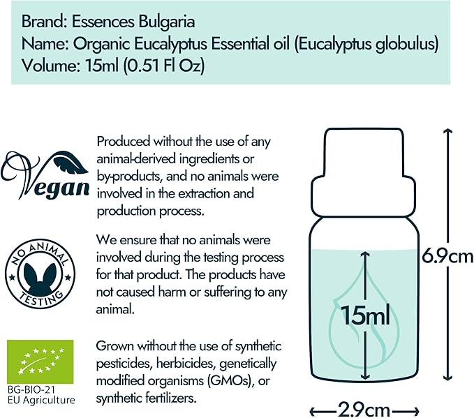 Essences Bulgaria Organic Eucalyptus Essential Oil 0.51 Fl Oz 15ml Eucalyptus globulus 100% Pure Natural Undiluted Therapeutic Grade for Aromatherapy Diffuser Humidifier Air Purifier Sauna Steam Room