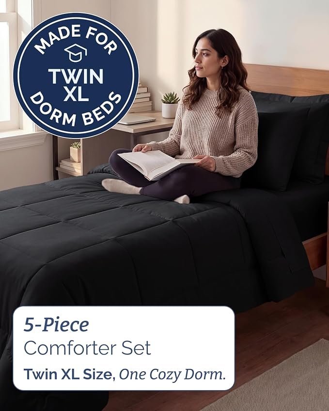 Twin XL Comforter Set - 5 Piece Bed in a Bag Twin XL Size Bed Set - Down Alternative Comforter, Flat Sheet, Fitted Sheet, Pillowcase & Sham for All Seasons - Ultra Soft, Comfy and Breathable - Black