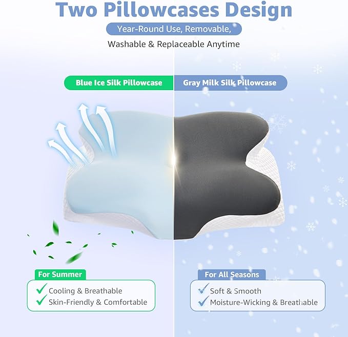 Cervical Pillow for Neck Pain Relief - Ergonomic Contour Memory Foam Pillow with 2 Pillowcases, Orthopedic Neck Support for Side Back Stomach Sleepers
