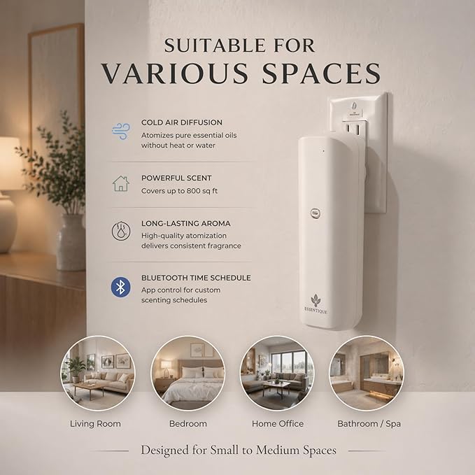 The Pulse Plug-in Waterless Diffuser – Cold Air Nebulizing Scent Machine for Home, Hotel, Office & Spa – w/Bluetooth for Essential Oil Blends (White)