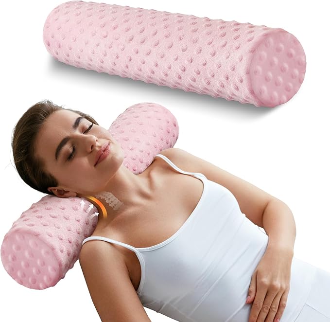Memory Foam 5" Round Pillow, Cervical Neck Pillow for Pain Relief, Cylinder Pillows 18"x 5", Removable Cover, Neck Roll Pillow for Sleeping, Pink Velvet Dots