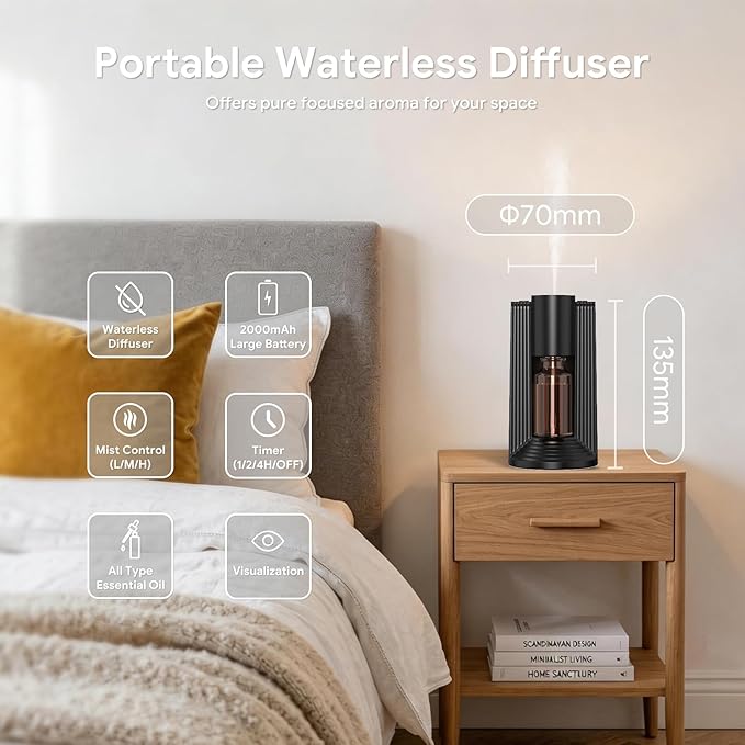 VOCOlinc Waterless Diffuser Starter Kit with 20mL Hotel Fragrance Oil, Battery Operated Nebulizer, 4 Timers ＆ 3 Mist Levels, Mini Scent Air Machine for Home, Room, Car, Office (Black)