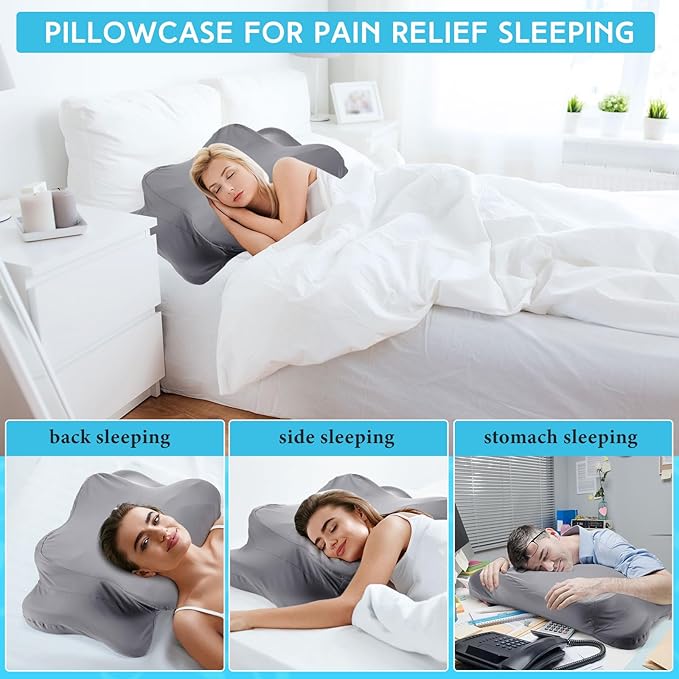 Hahafelt 2 Pcs Cooling Cervical Pillowcase with Zipper (Only Pillowcase) Ergonomic Cervical Neck Pillow Cover Breathable Cool Pillow Case for Side Back Stomach Sleepers(Dark Gray,Standard Size)
