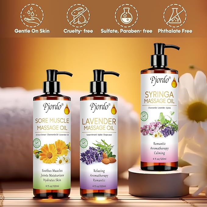 Pjordo Body Massage Oil for Massage Therapy Kit, Lilac, Lavender, Sore Muscle Arnica Oil with Massage Roller Ball, Relaxing Massage Oils for Pain Relief, Spa Gift Set for Him Her