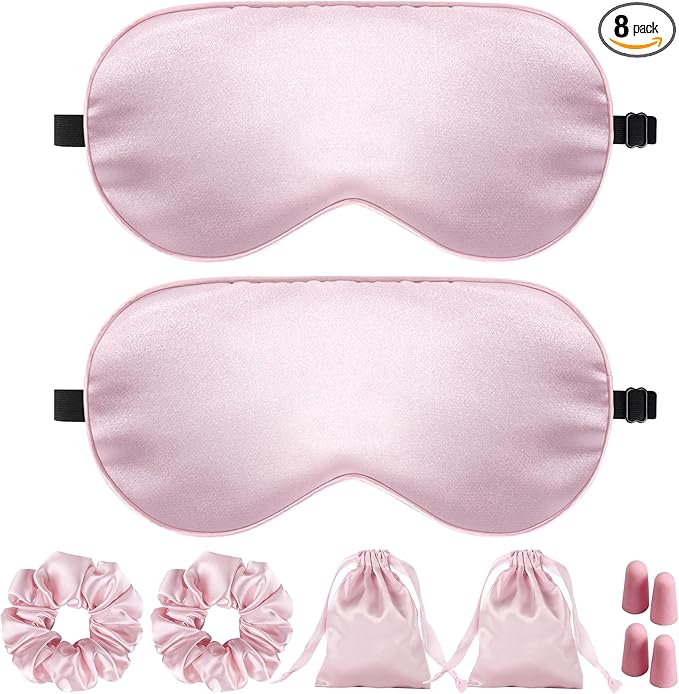 Silk Sleep Mask for Women - 100% Blackout, Super Soft Eye Mask for Side Sleepers, Sleeping Mask with Adjustable Strap, Pink Scrunchies for Women, with Travel Pouch