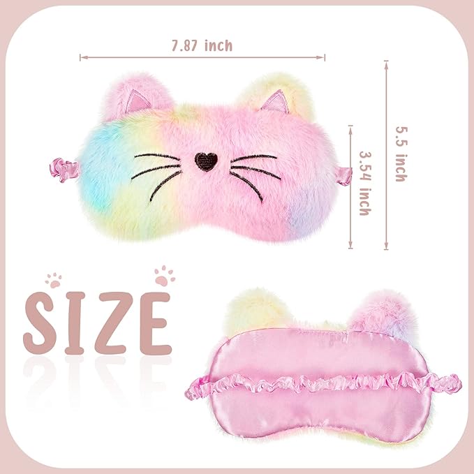 Geyoga 3 Pcs Sleep Mask for Kids, Girls Plush Sleeping Eye Cover Soft Eye Blindfold Cover Animal Shade for Kids(White, Pink and Rainbow Color,Cat Style)