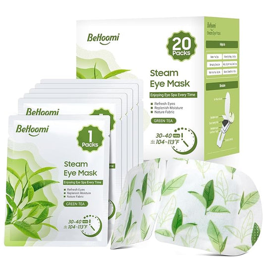 BeHoomi 20Packs Steam Eye Mask, Heated Eye Mask Warm Compress for Eyes, Disposable Self Heating Steam Mask for Sleep, Spa, Travel Essentials, Relaxation Gifts for Women, Mothers Day Gifts (Green Tea)