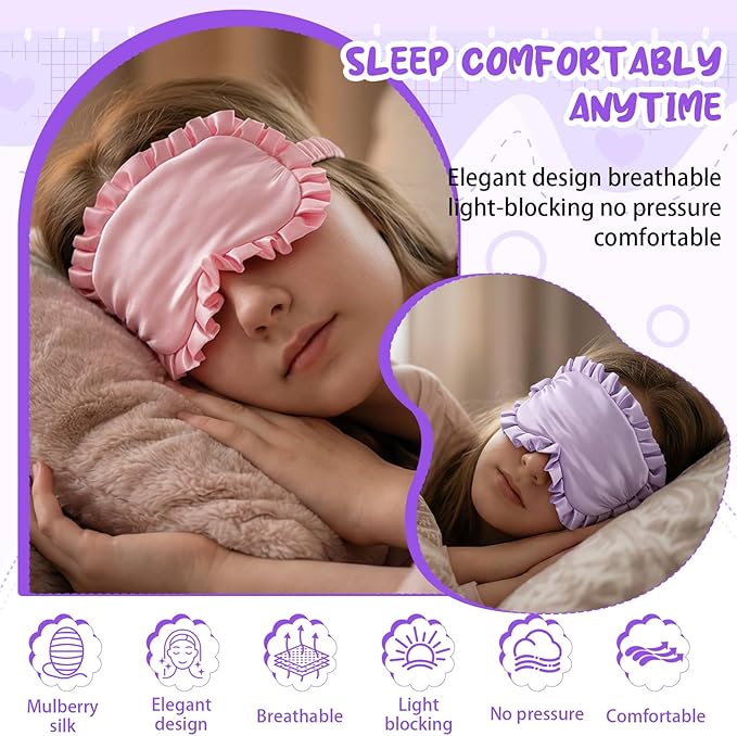 2 Pcs Silk Eye Mask with Adjustable Strap, Ultra Soft Sleep Mask Eye Cover, Skin-Friendly Masks Blackout Blindfold, Reduces Puffy Eyes Travel Gifts, Pink Purple