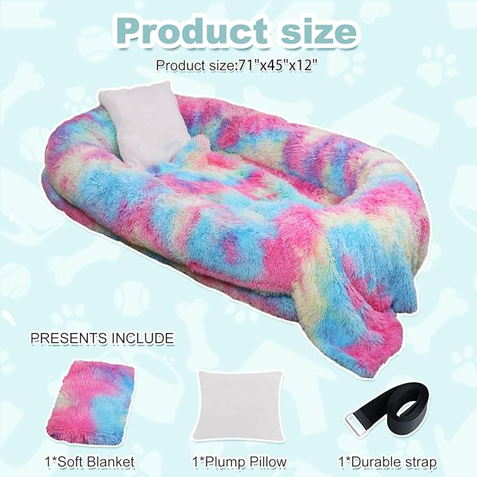 YAEM Human Dog Bed for Adult and Pets - 71"x45"x12" Dogs Beds for Humans with Washable Faux Fur Cover, Plump Pillow, Blanket, Orthopedic Design, Strap-Rainbow