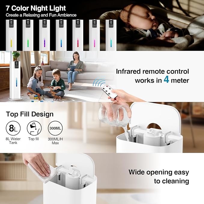 2.1Gal(8L) Smart Humidifier Large Room Bedroom Home, Quiet Top Fill Cool Mist Humidifier with Diffuser, Night Light, 3 Speed Humidifiers with 360° Nozzle, Timer, Humidity Setting for Plants Yoga Baby