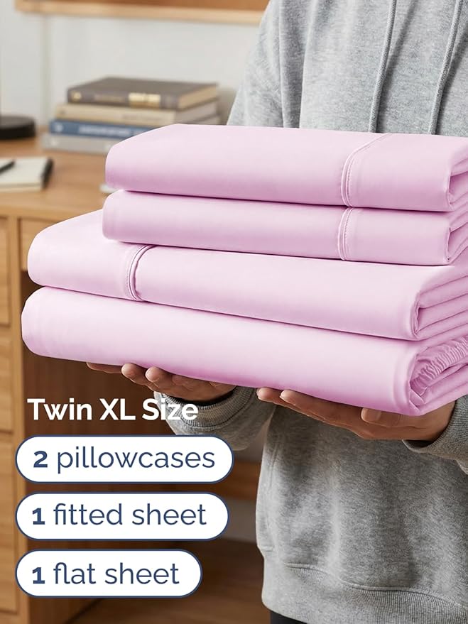 Extra Deep Twin XL Sheet Set - 4 Piece Breathable and Cooling Sheets - Hotel Luxury Bedding for Women, Men, Kids & Teens - Easy & Secure Fit - Soft and Wrinkle Free - Extra Deep Pockets - Light Pink