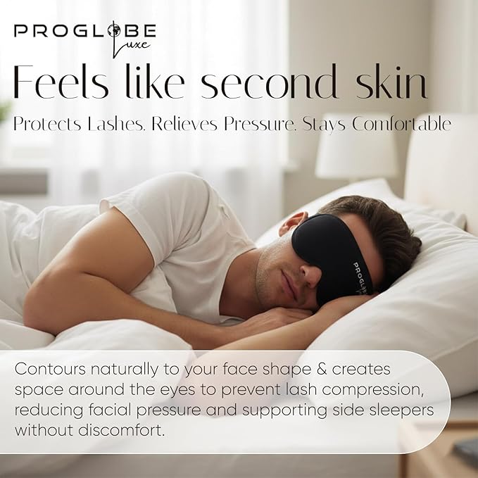 Proglobe Luxe Luxury Sleep Mask for Back & Side Sleepers, 100% Light Blocking 3D Eye Mask with Zero Pressure Eye Cups, Lash-Friendly, Soft Breathable Night Mask for Travel & Naps, Black