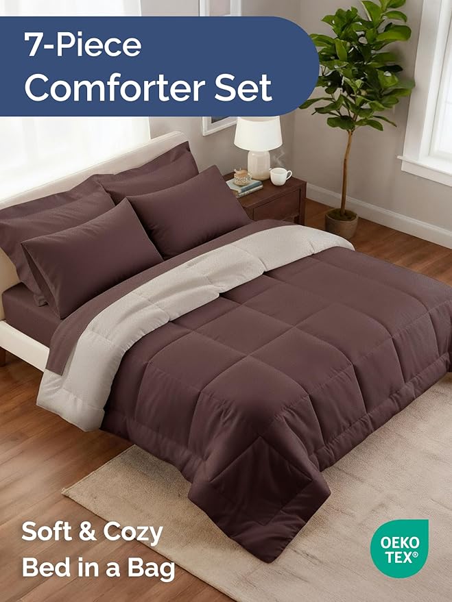 King Comforter Set - 7 Piece Bed in a Bag King Size Bed Set - Down Alternative Comforter, Flat Sheet, Fitted Sheet, Pillowcase & Shams for All Seasons - Ultra Soft, Comfy and Breathable - Brown/Beige