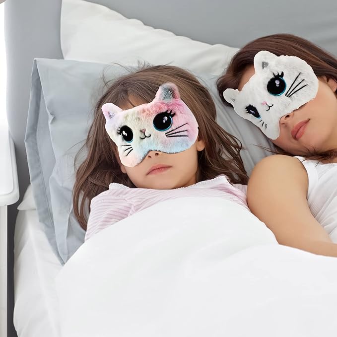 Geyoga 3 Pcs Sleep Mask for Kids, Girls Plush Sleeping Eye Cover Soft Eye Blindfold Cover Animal Shade for Kids(Colorful,Cat Style)