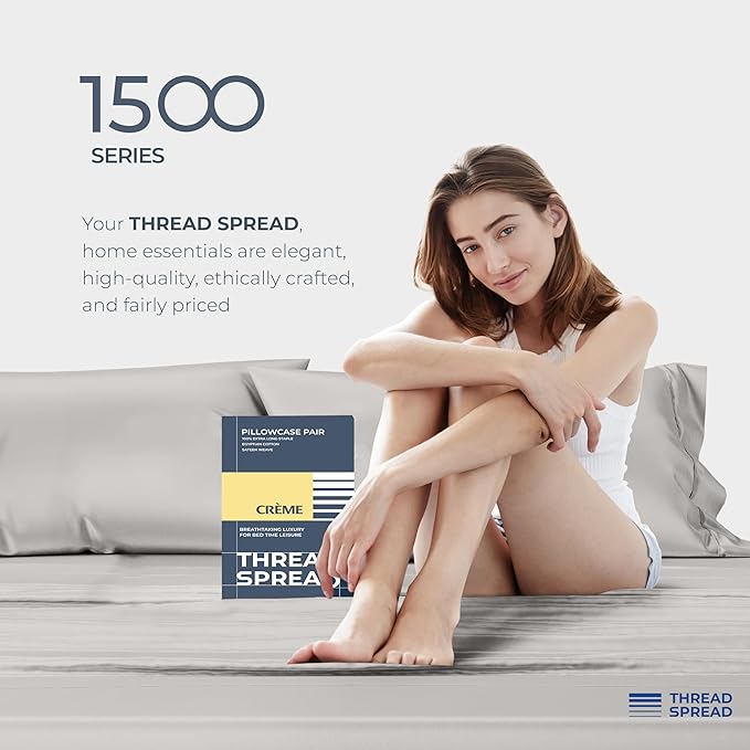 THREAD SPREAD 100% Egyptian Cotton King Size Pillow Cases Set of 2 - Luxury 1500 Series Pillow Cases King Size (Light Grey), Soft Cooling Envelope Closure Hotel Quality Egyptian Cotton Pillowcases