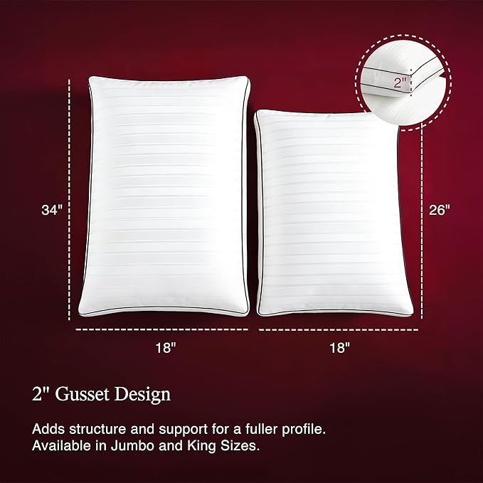 Blue Ridge Home Fashions Luxury Hotel Collection Bed Pillows Queen Size Set of 2, Soft Medium 500 Thread Count Damask Stripe Embroidered 100% Cotton Cover, Gusseted Down Alternative
