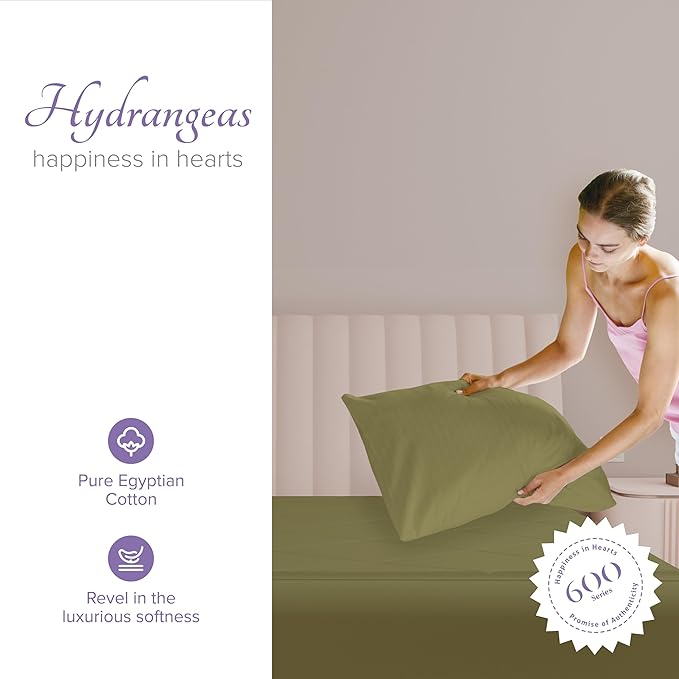 Carressa Linen 100% Egyptian Cotton King Size Pillow Cases Set of 2 - Luxury 600 Series Hydrangeas Collection King Pillowcases (Sage Green), Soft Cooling, Sateen Weave Hotel Quality Bed Pillow Cover