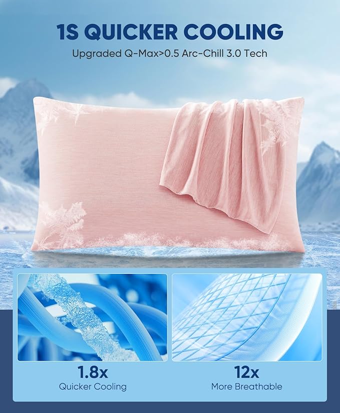 LUXEAR 2 Pack Cooling Pillow Cases for Hot Sleepers, Arc-Chill Q-Max > 0.5, Hair & Skin Friendly, Double-Sided, Machine Washable, Hidden Zipper, Gift for Women & Men, 20x26, Pink