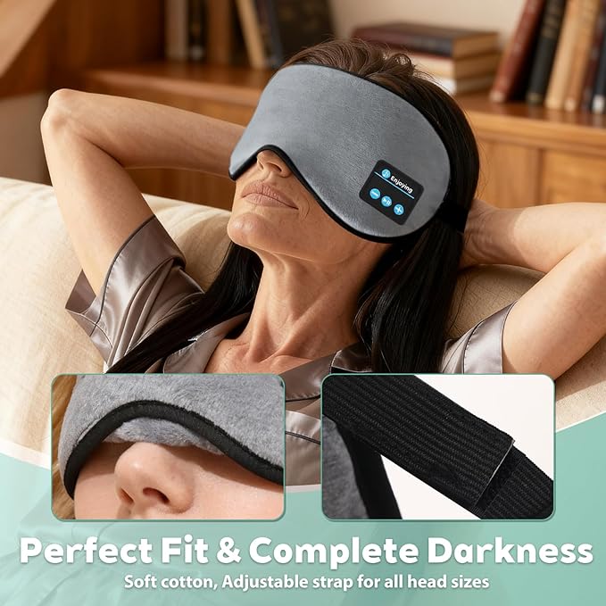 Sleep Mask Bluetooth Wireless Headphones, Sleep Earphones Music Eyemask, 2 in 1 Ear Mask and Eye Mask for Side Sleepers, Warm Earbuds Built-in HD Speakers Blindfold for Men Women (Grey)