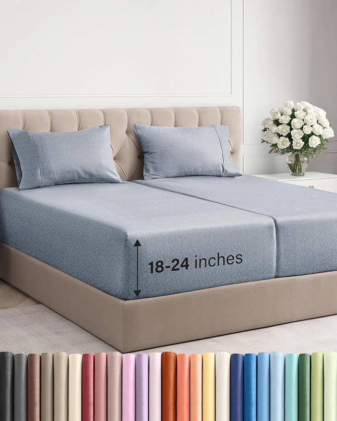 Extra Deep Split King Sheet Set - 5 Piece Breathable & Cooling Bed Sheets - Easily Fits 18 to 24 inch Mattress - Soft, Wrinkle & Fade Free w/ Extra Deep Pockets - Hotel Luxury Bedding - Heathered Blue