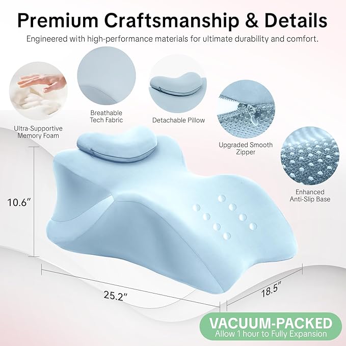 Memory Foam Ergonomic Wedge Pillow - 27° Lift Support Cushion for Sleeping, Reading & Prone Positions Multi-Functional Rest Pillow for Neck, Waist & Back Pain Relief Washable Cover- Blue