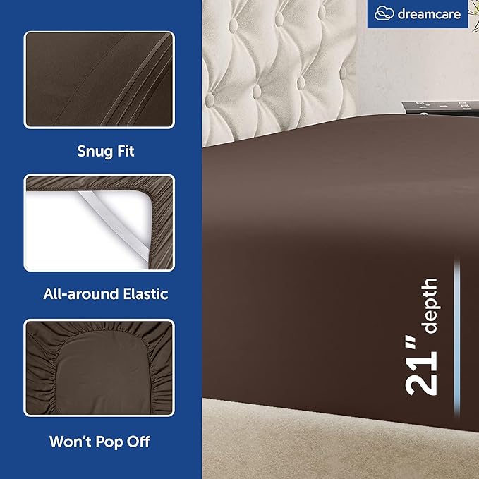DREAMCARE Queen Sheet Set - 6 pcs Breathable Cooling Bed Sheets - up to 21" Extra Deep Pocket Queen Sheets Set with Side Pockets -Extra Soft 100% Brushed Hypoallergenic Hotel Luxury Bedding MochaBrown