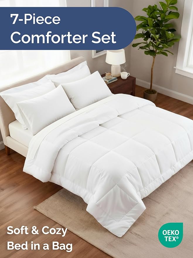 Full Comforter Set - 7 Piece Bed in a Bag Full Size Bed Set - Down Alternative Comforter, Flat Sheet, Fitted Sheet, Pillowcase & Shams for All Seasons - Ultra Soft, Cozy, Comfy and Breathable - White