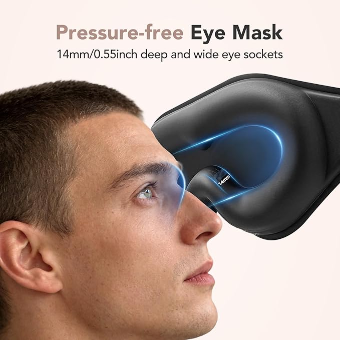 Sleep Mask for Side Sleepers, 100% Blackout Eye Mask for Sleeping with 3D Deep Contoured Cups, Zero Pressure Lash-Friendly, Adjustable Light Blocking Travel Mask for Men & Women, Black