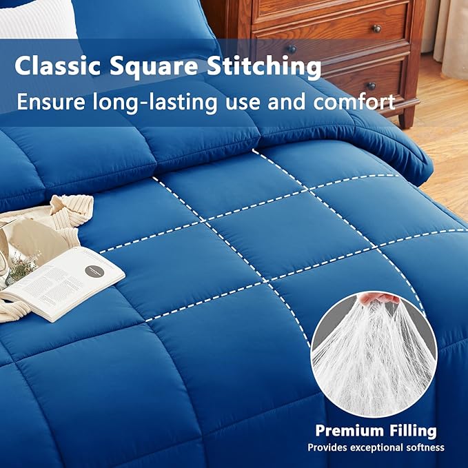 CozyLux Oversized King Comforter Set, 3 Pieces Classic Blue 120x98 Box Stitched Design Soft Bedding Set, All Season Lightweight Breathable Bed Set with 1 Down Alternative Comforter and 2 Pillow Shams