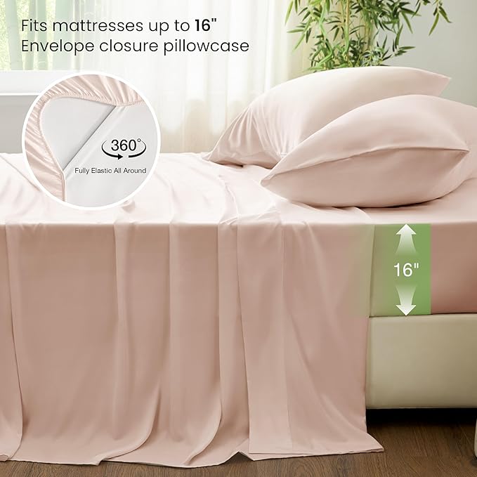 Love's cabin 4 Piece Full Size Sheet Set, 100% Rayon Derived from Bamboo, Cooling & Breathable, Soft Silky Deep Pocket up to 16", Hotel Luxury Bedding for Hot Sleepers, Pink