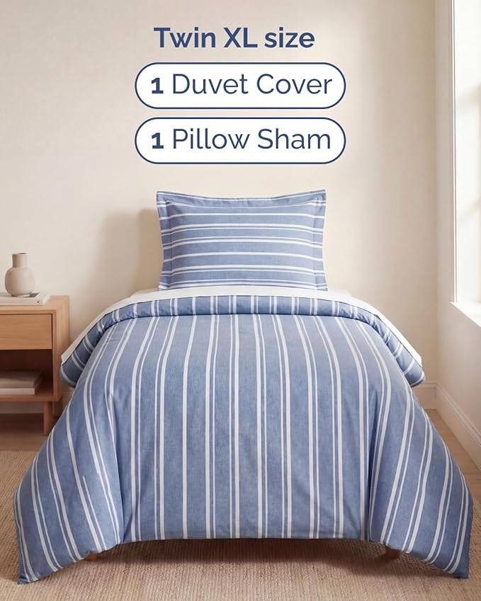Duvet Cover Twin/Twin XL Size Set - Extra Soft Twin/Twin XL Duvet Cover 68" x 90" with 1 Pillow Sham - Hotel Luxury, Easy Care, Fade Free w/ Zipper Closures & Ties - Comfy & Breathable (Blue Stripes)