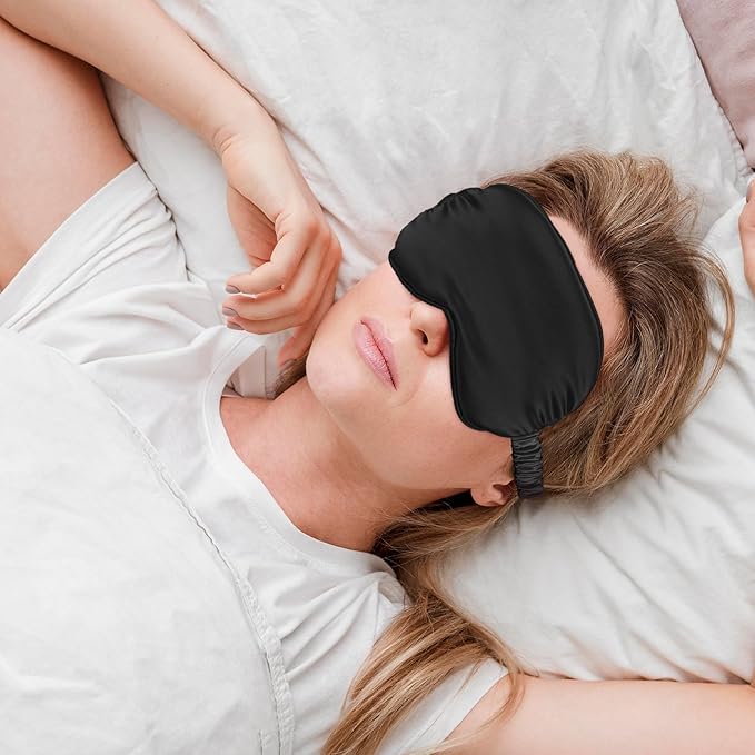Silk Sleep Eye Mask 4 Pack Mulberry Silk Sleep Mask Eye Cover Blindfold with Elastic Strap Cute Satin Soft Eyeshade Masks for Women Night Sleeping Travel Nap (Black)