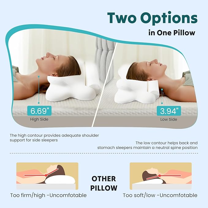 NEWBULIG Cervical Neck Pillow - Ergonomic Memory Foam Pillow for Neck Pain Relief, Contour Orthopedic Bed Pillow for Side, Back & Stomach Sleepers with Neck Support, 25.81" Lx14.6 W, White