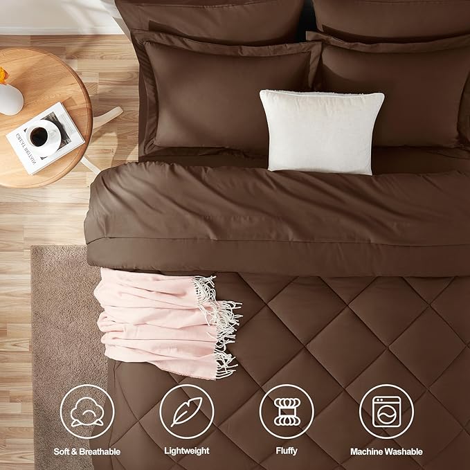 CozyLux Oversized King Comforter Set Brown - 7 Pieces Bed in a Bag Comforter Set with Sheets, Luxury Soft Bed Set All Seasons, Bedding Set with Down Alternative Comforter, Sheets, Pillowcases & Shams