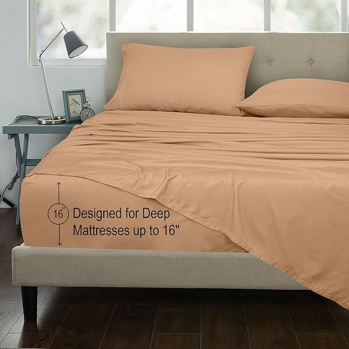 ROYALE LINENS 300 Thread Count 100% Long Staple Combed Cotton Sheet Set - 4 Piece King Bed Sheets - 1 Fitted, 1 Flat & 2 Pillow Cases - Soft Cool & Crisp Sheet Set (King, Sand)