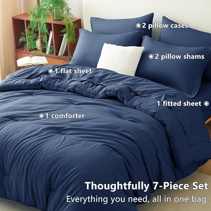 CozyLux Oversized Queen Comforter Set Navy Blue, 7 Pieces Bed in a Bag Comforter Set with Sheets, Luxury Soft Bedding Set with Down Alternative Comforter, Fitted Sheet, Flat Sheet, Pillowcases & Shams