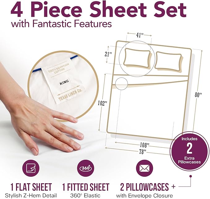 TEXAS LINEN CO. 100% Egyptian Cotton Sheets King Size Set - 1200 Series Star Sleepin' Collection Egyptian Cotton Luxury Sheets King Size (4 PC, Taupe), 17" Deep Pocket, Sateen Hotel Bedding Set