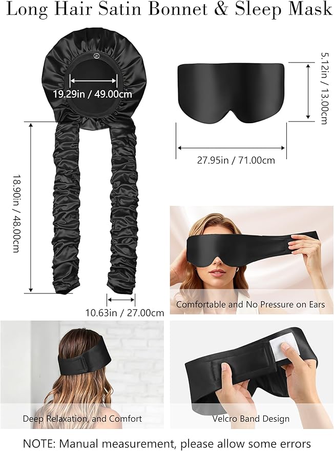 Satin Bonnet for Sleeping with Eye Mask，No Slip Sleep Bonnet with Long Curling Ribbons for Braids & Long Hair