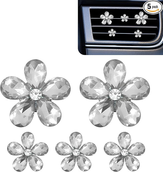 5PCS Bling Daisy Flower Car Air Vent Clips, Car Diffuser Vent Clip, Sparkling Crystal Rhinestone Cute Auto Air Conditioning Clamp, Diamond Air Outlet Clip Decor for Women Girls (White)