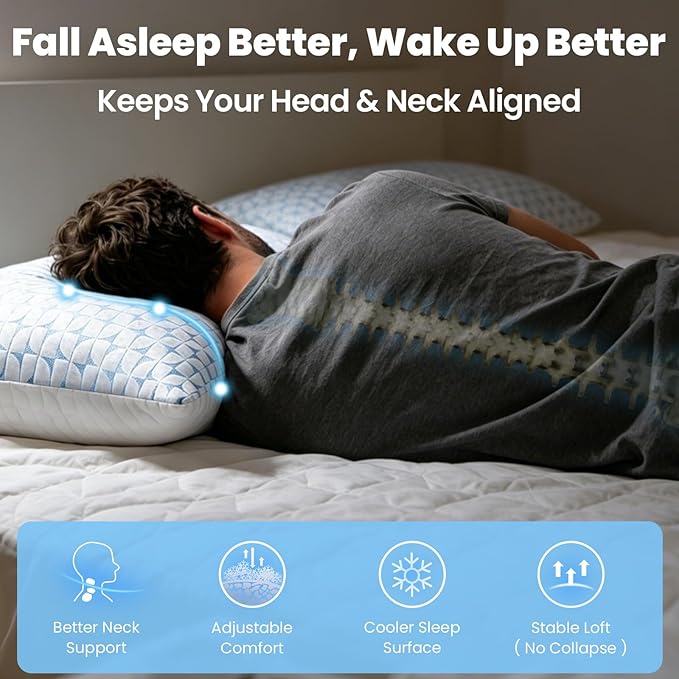 QUTOOL Firm Pillow Shredded Memory Foam, Cooling Pillow for Hot Sleeper, Adjustable Bed Pillow for Side Back Stomach Sleepers, Washable Cover, CertiPUR-US Certified, Standard Size Set of 2