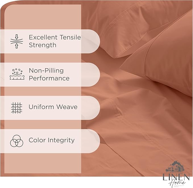 Linen Home 100% Cotton Percale Sheets King Size, Deep Pocket, 4-Piece Set - Crisp, Cool & Breathable, Long-Staple Combed Cotton Bedding, Hotel Quality, Made in Green, Tera Clay