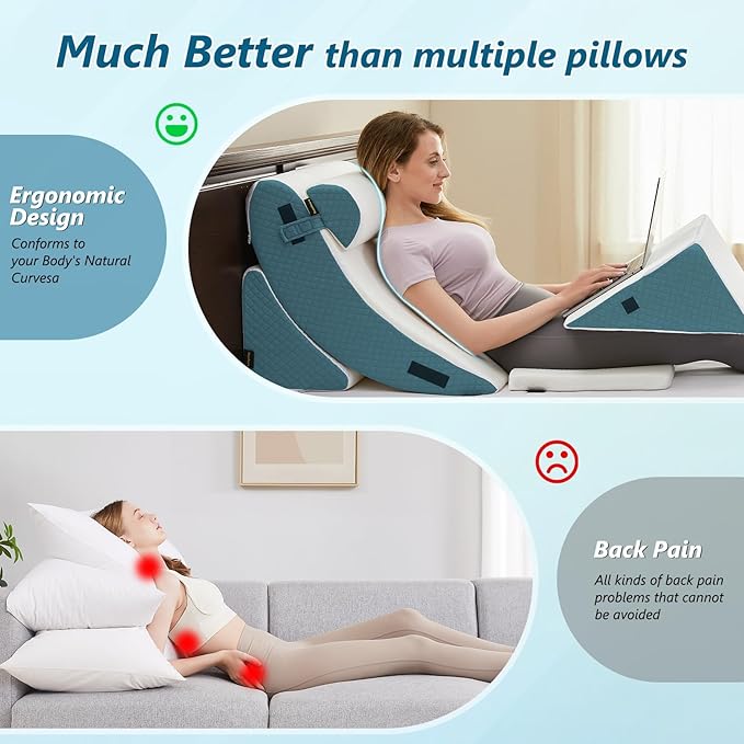 Orthopedic Bed Wedge Pillow Set for Sleeping 6 PCS - Adjustable Triangle Pillow for Neck Leg Support with Washable Cover - 35D Foam Wedge Pillow Post Surgery for GERD & Snoring (White Blue)